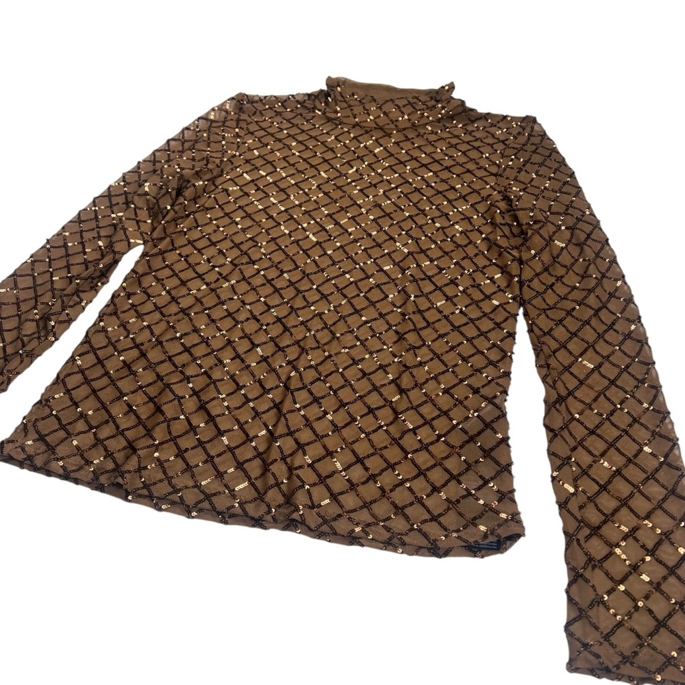 Anthropologie PILCRO Bronze Sequin Mesh Long Sleeve Turtleneck Top Medium NWT - Picture 8 of 16
